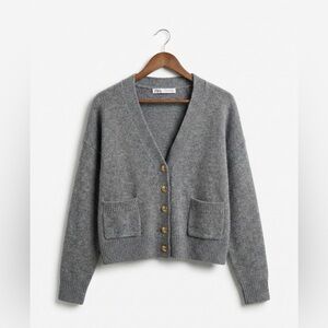 Zara Grey 100% Wool Knit Cardigan Gold Anchor Buttons Nautical Old Money S